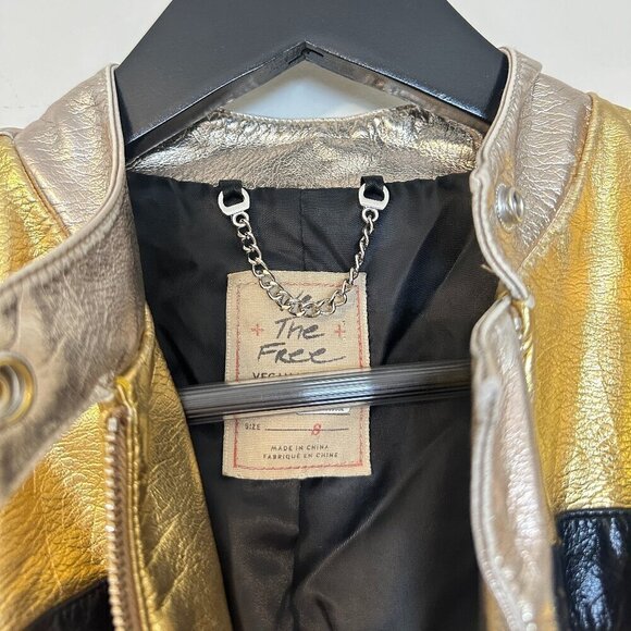 FREE PEOPLE Fast Lane Metallic Faux Leather Jacket in Metallic Gold Size Small - Picture 6 of 10